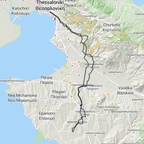 Map miniature of "Scenic Route to Thessaloniki" cycling inspiration in Kentriki Makedonia, Greece. Generated by Tarmacs.app cycling route planner