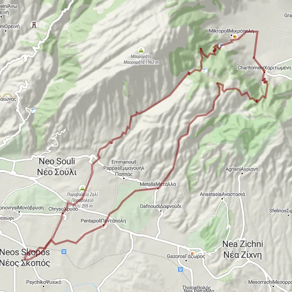 Map miniature of "Gravel Route with Stunning Mountain Views" cycling inspiration in Kentriki Makedonia, Greece. Generated by Tarmacs.app cycling route planner
