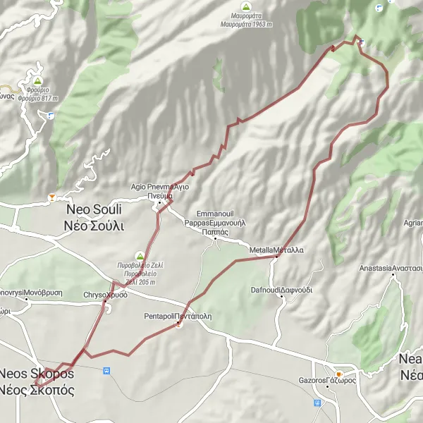 Map miniature of "Zeli Gravel Adventure" cycling inspiration in Kentriki Makedonia, Greece. Generated by Tarmacs.app cycling route planner