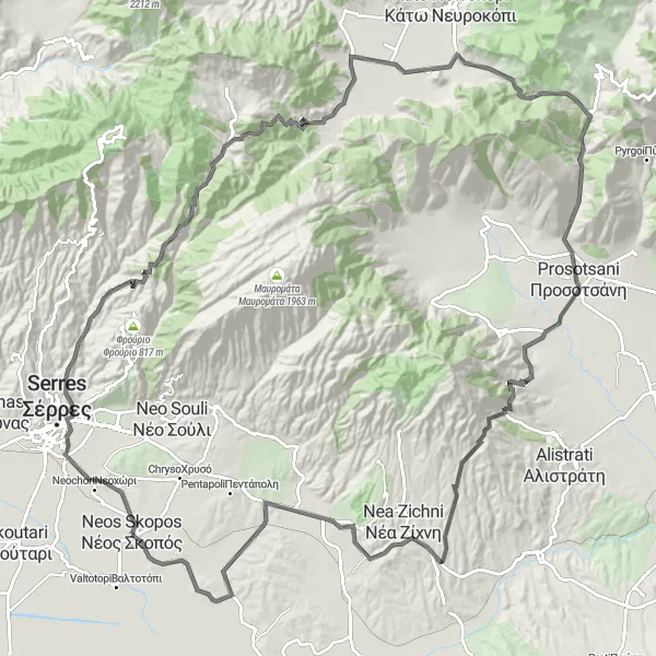 Map miniature of "Serres Challenge" cycling inspiration in Kentriki Makedonia, Greece. Generated by Tarmacs.app cycling route planner