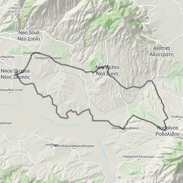 Map miniature of "The Zichni Hill Challenge" cycling inspiration in Kentriki Makedonia, Greece. Generated by Tarmacs.app cycling route planner