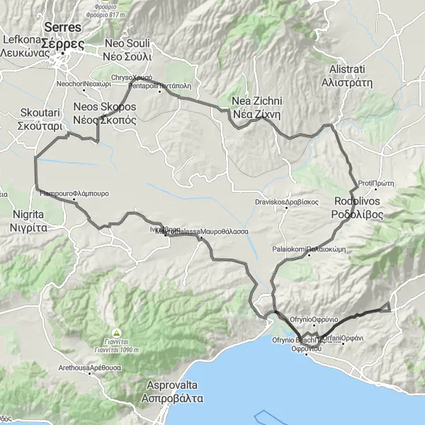 Map miniature of "The Amphipolis Road Cycling Challenge" cycling inspiration in Kentriki Makedonia, Greece. Generated by Tarmacs.app cycling route planner