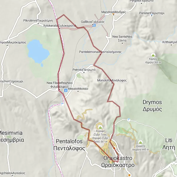 Map miniature of "Oraiókastro - Ipsili Korifi and Prophet Ilias Gravel Route" cycling inspiration in Kentriki Makedonia, Greece. Generated by Tarmacs.app cycling route planner
