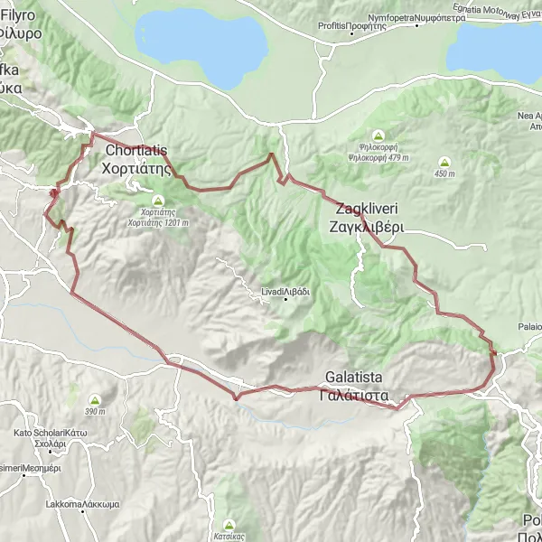 Map miniature of "Panoramic Gravel Adventure" cycling inspiration in Kentriki Makedonia, Greece. Generated by Tarmacs.app cycling route planner