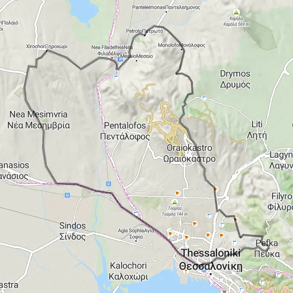 Map miniature of "Menemeni Exploration" cycling inspiration in Kentriki Makedonia, Greece. Generated by Tarmacs.app cycling route planner