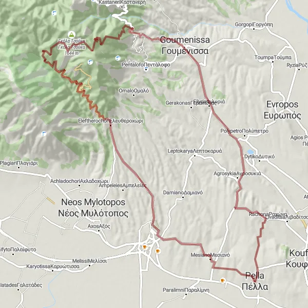 Map miniature of "Pélla - Griva Gravel Route" cycling inspiration in Kentriki Makedonia, Greece. Generated by Tarmacs.app cycling route planner