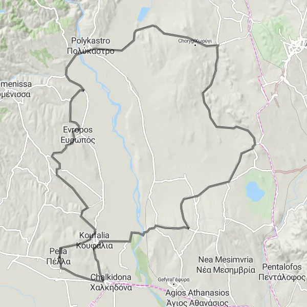 Map miniature of "Pélla - Paleo Gynekokastro Bike Route" cycling inspiration in Kentriki Makedonia, Greece. Generated by Tarmacs.app cycling route planner