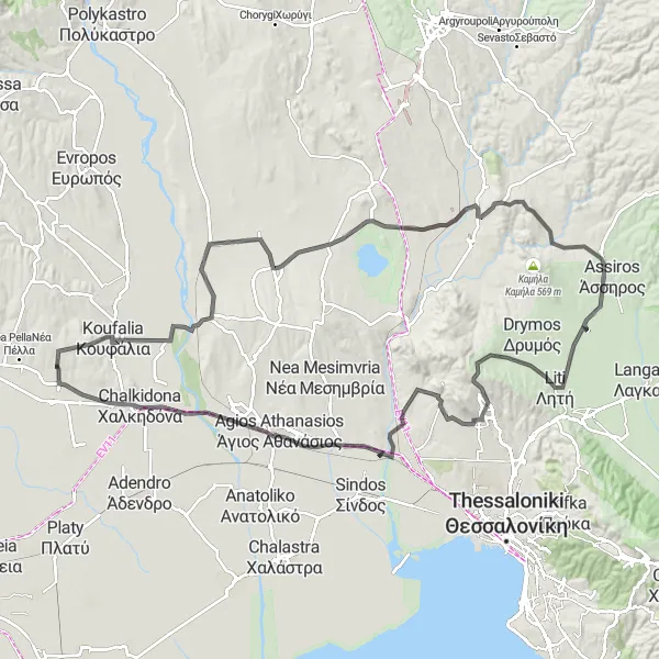 Map miniature of "Pélla - Makryalos Bike Route" cycling inspiration in Kentriki Makedonia, Greece. Generated by Tarmacs.app cycling route planner