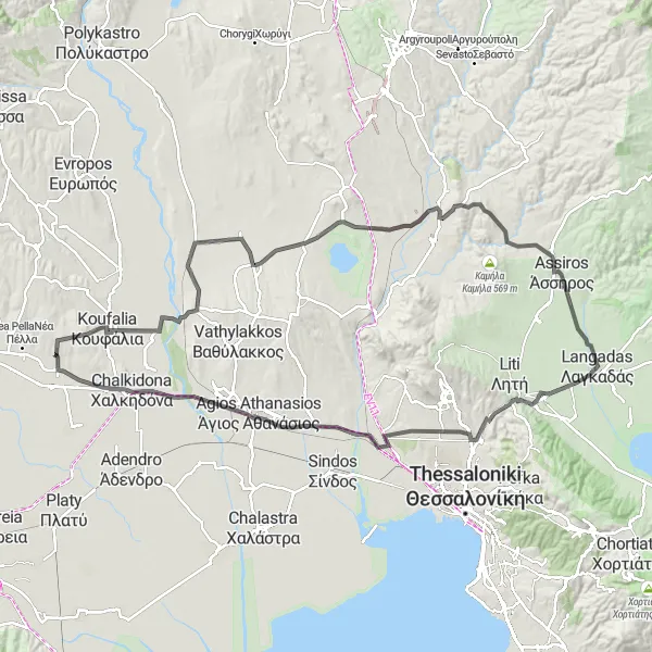 Map miniature of "Pélla - Langadas Bike Route" cycling inspiration in Kentriki Makedonia, Greece. Generated by Tarmacs.app cycling route planner