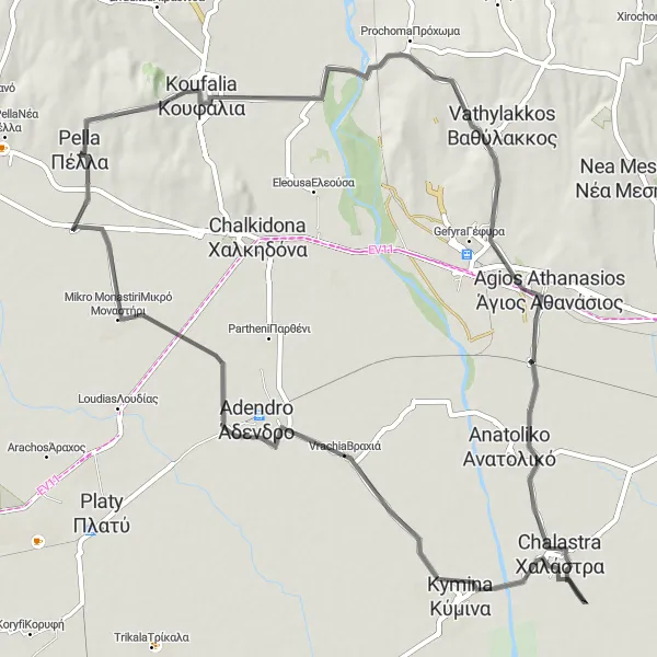 Map miniature of "Idyllic Trails of Pélla" cycling inspiration in Kentriki Makedonia, Greece. Generated by Tarmacs.app cycling route planner