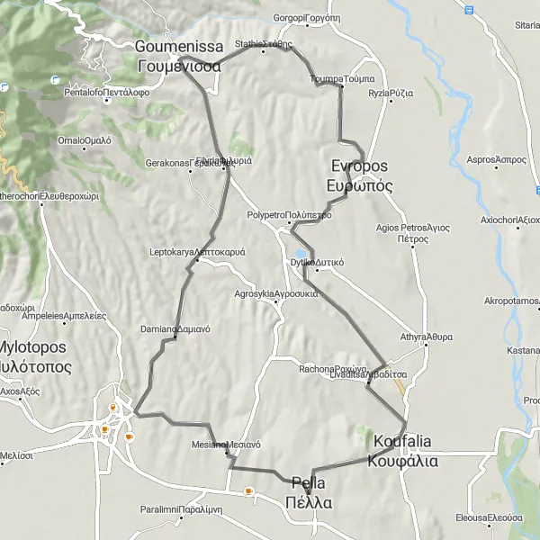 Map miniature of "Classic Pélla Ride" cycling inspiration in Kentriki Makedonia, Greece. Generated by Tarmacs.app cycling route planner