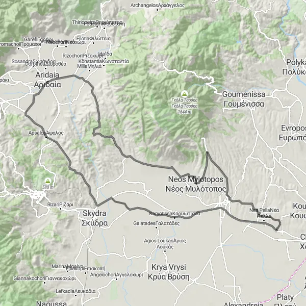 Map miniature of "Pella Vintage Road Ride" cycling inspiration in Kentriki Makedonia, Greece. Generated by Tarmacs.app cycling route planner