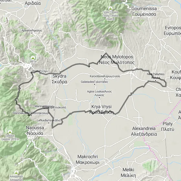 Map miniature of "Cycling Adventure through Pélla" cycling inspiration in Kentriki Makedonia, Greece. Generated by Tarmacs.app cycling route planner