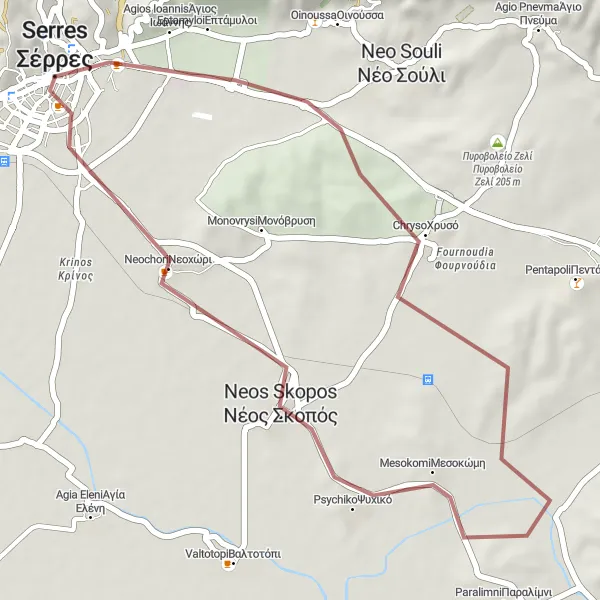 Map miniature of "Scenic Gravel Ride to Chryso" cycling inspiration in Kentriki Makedonia, Greece. Generated by Tarmacs.app cycling route planner