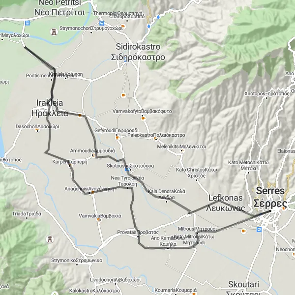 Map miniature of "Exploring Serres on Road" cycling inspiration in Kentriki Makedonia, Greece. Generated by Tarmacs.app cycling route planner