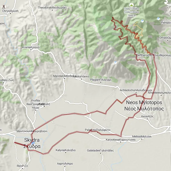 Map miniature of "Gravel Route to Σεβαστιανά" cycling inspiration in Kentriki Makedonia, Greece. Generated by Tarmacs.app cycling route planner