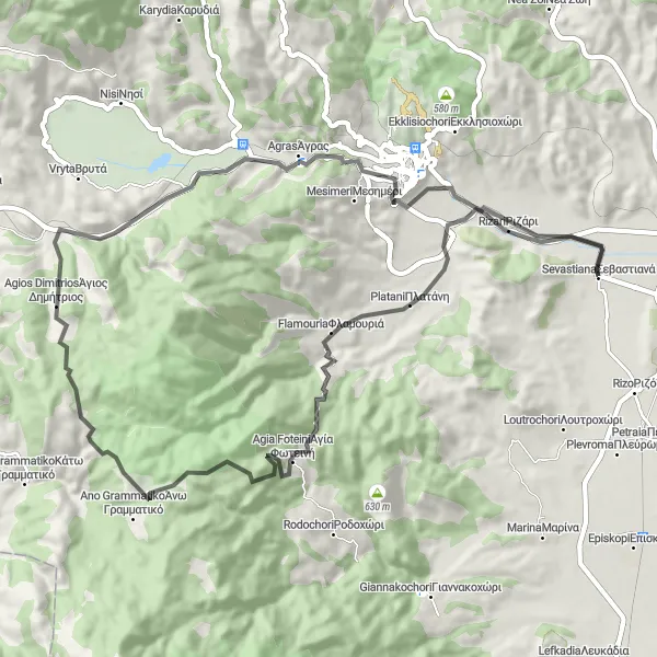 Map miniature of "Scenic Road Route to Πλατάνη" cycling inspiration in Kentriki Makedonia, Greece. Generated by Tarmacs.app cycling route planner