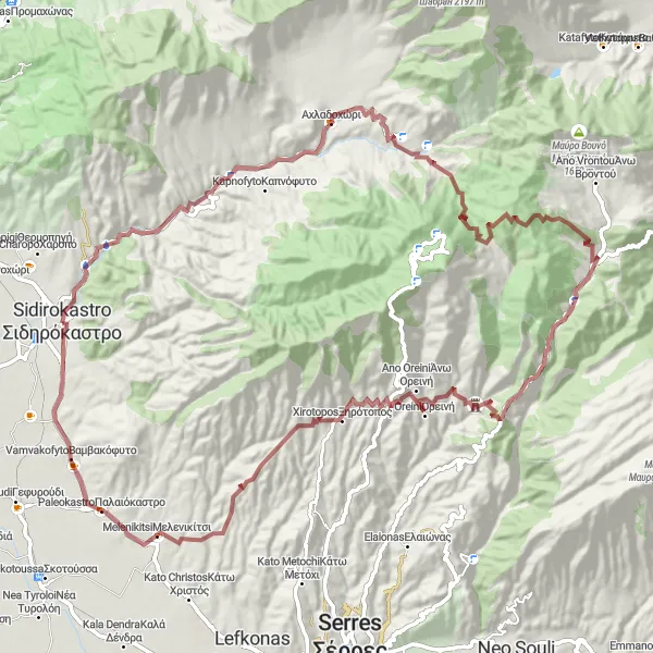 Map miniature of "Sidirókastro Extended Gravel Adventure" cycling inspiration in Kentriki Makedonia, Greece. Generated by Tarmacs.app cycling route planner