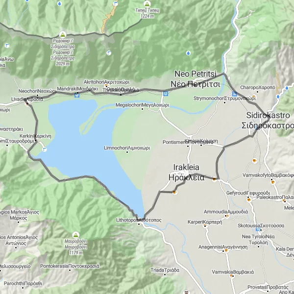 Map miniature of "Heraklia and Nea Petritsi Road" cycling inspiration in Kentriki Makedonia, Greece. Generated by Tarmacs.app cycling route planner