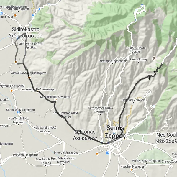 Map miniature of "Sidirokastro and Serres Road" cycling inspiration in Kentriki Makedonia, Greece. Generated by Tarmacs.app cycling route planner