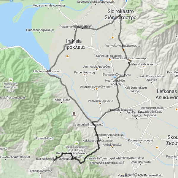 Map miniature of "Sidirókastro Road Tour" cycling inspiration in Kentriki Makedonia, Greece. Generated by Tarmacs.app cycling route planner