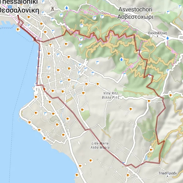 Map miniature of "The Gravel Escape" cycling inspiration in Kentriki Makedonia, Greece. Generated by Tarmacs.app cycling route planner