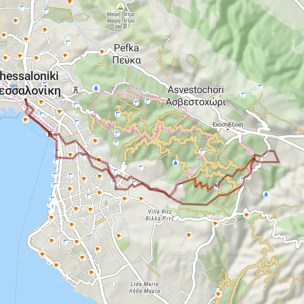 Map miniature of "The Scenic Gravel Route" cycling inspiration in Kentriki Makedonia, Greece. Generated by Tarmacs.app cycling route planner