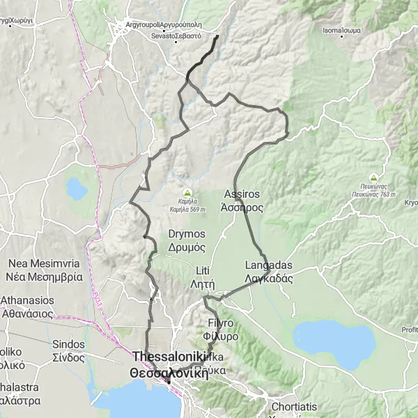 Map miniature of "Thessaloniki and Beyond" cycling inspiration in Kentriki Makedonia, Greece. Generated by Tarmacs.app cycling route planner