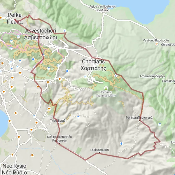 Map miniature of "The Gravel Expedition" cycling inspiration in Kentriki Makedonia, Greece. Generated by Tarmacs.app cycling route planner