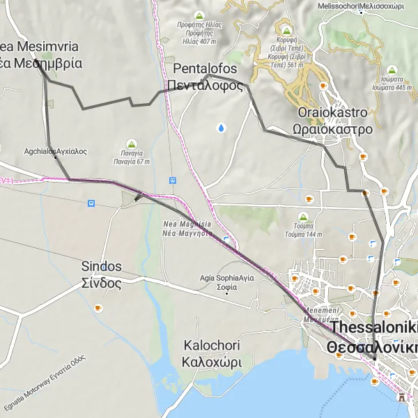 Map miniature of "The Road Less Traveled" cycling inspiration in Kentriki Makedonia, Greece. Generated by Tarmacs.app cycling route planner