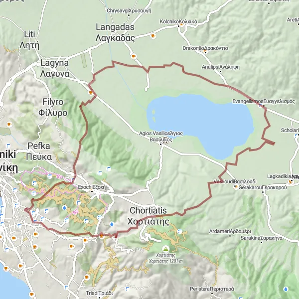 Map miniature of "Southwestern Gravel Adventure" cycling inspiration in Kentriki Makedonia, Greece. Generated by Tarmacs.app cycling route planner