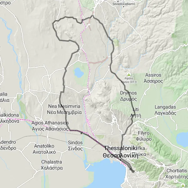 Map miniature of "Thessaloniki Coastal Ride" cycling inspiration in Kentriki Makedonia, Greece. Generated by Tarmacs.app cycling route planner