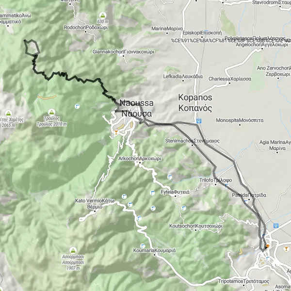 Map miniature of "Véroia to Παλιοχώρι Loop" cycling inspiration in Kentriki Makedonia, Greece. Generated by Tarmacs.app cycling route planner