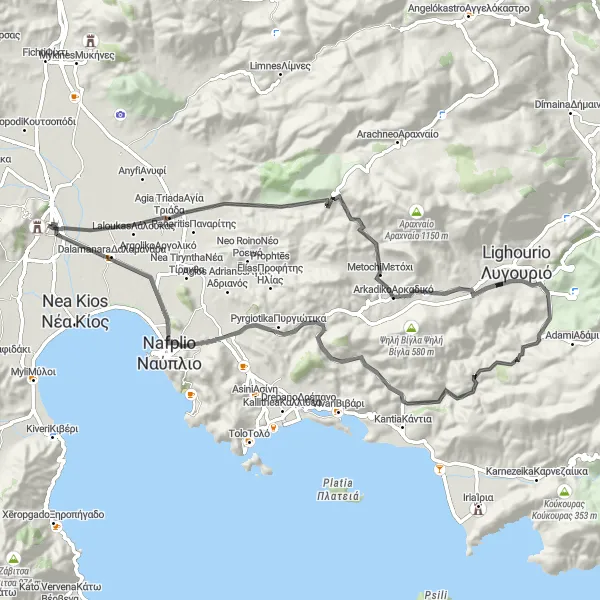 Map miniature of "Argos to Αγία Τριάδα Loop" cycling inspiration in Peloponnisos, Greece. Generated by Tarmacs.app cycling route planner