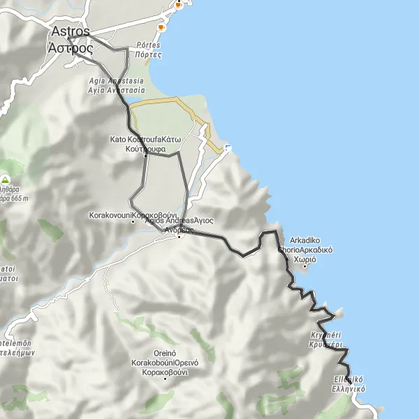 Map miniature of "Astros Loop" cycling inspiration in Peloponnisos, Greece. Generated by Tarmacs.app cycling route planner