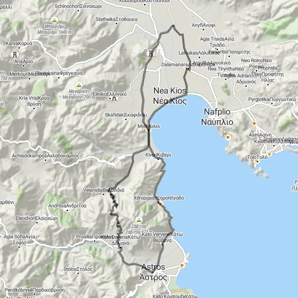 Map miniature of "Ástros Delight" cycling inspiration in Peloponnisos, Greece. Generated by Tarmacs.app cycling route planner