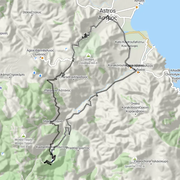 Map miniature of "Waterfalls and Views" cycling inspiration in Peloponnisos, Greece. Generated by Tarmacs.app cycling route planner