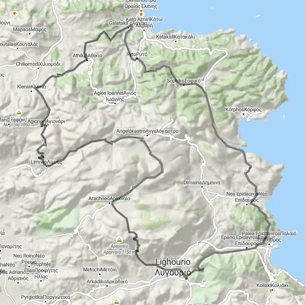 Map miniature of "Peloponnisos Gravel Adventure" cycling inspiration in Peloponnisos, Greece. Generated by Tarmacs.app cycling route planner