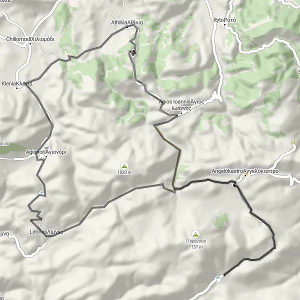 Map miniature of "Countryside Charm" cycling inspiration in Peloponnisos, Greece. Generated by Tarmacs.app cycling route planner