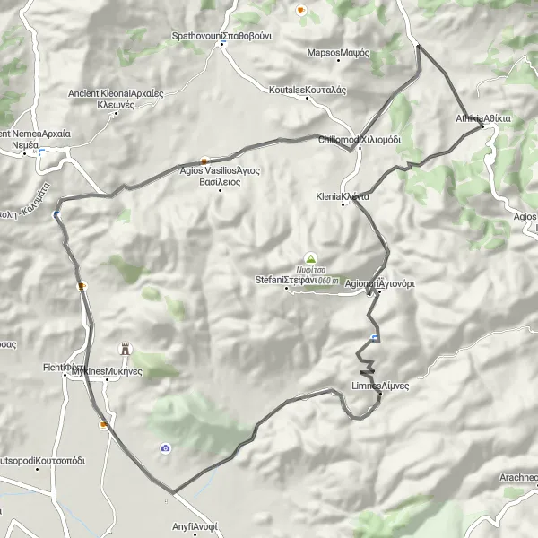 Map miniature of "Scenic Road Cycling Route Near Athikia" cycling inspiration in Peloponnisos, Greece. Generated by Tarmacs.app cycling route planner