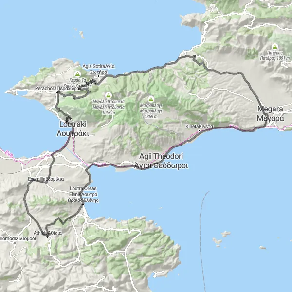 Map miniature of "Coastal Delight" cycling inspiration in Peloponnisos, Greece. Generated by Tarmacs.app cycling route planner