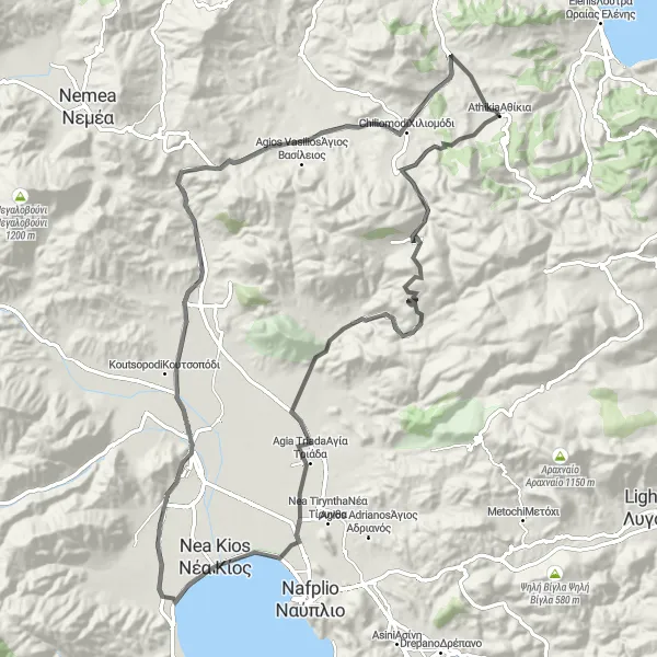 Map miniature of "Athiking Route" cycling inspiration in Peloponnisos, Greece. Generated by Tarmacs.app cycling route planner