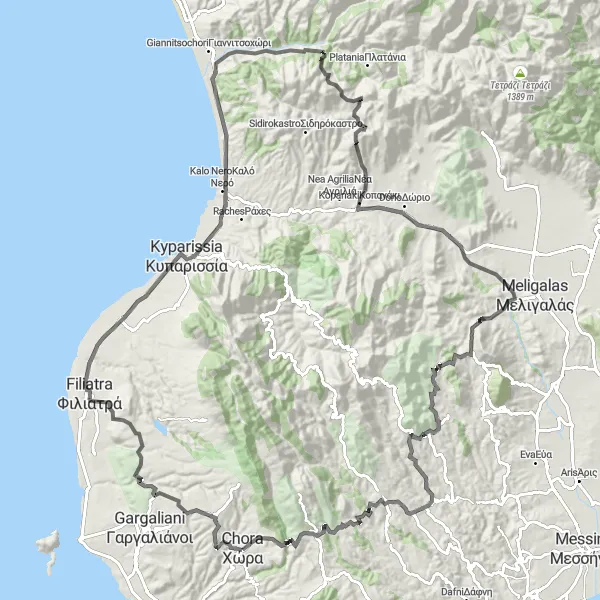 Map miniature of "Chora - Kopanaki - Vasiliko - Manganiako Loop" cycling inspiration in Peloponnisos, Greece. Generated by Tarmacs.app cycling route planner