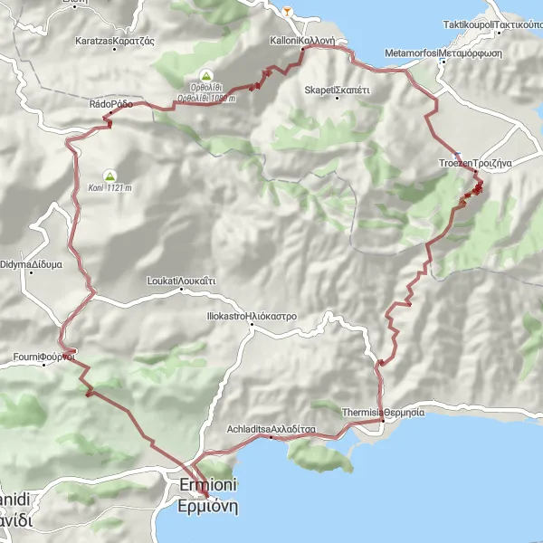 Map miniature of "Ermioni to Thermisia Gravel Route" cycling inspiration in Peloponnisos, Greece. Generated by Tarmacs.app cycling route planner