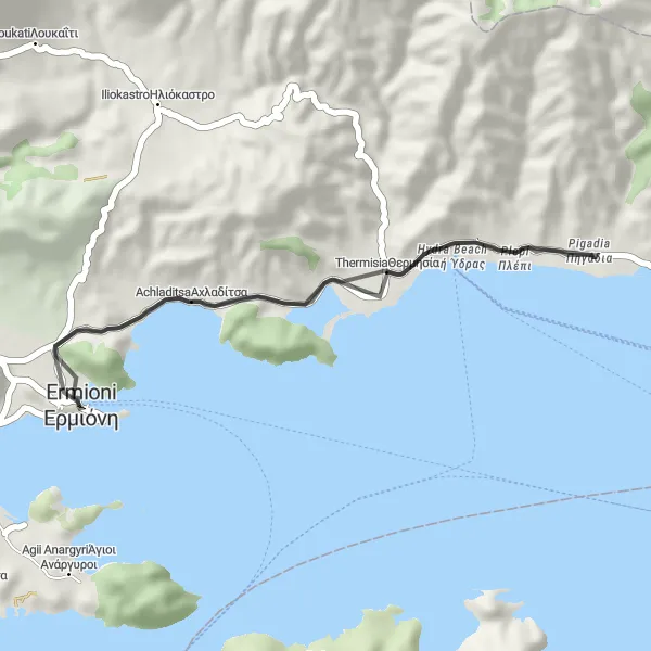 Map miniature of "Scenic Road Trip - Ermioni to Hydra Beach" cycling inspiration in Peloponnisos, Greece. Generated by Tarmacs.app cycling route planner