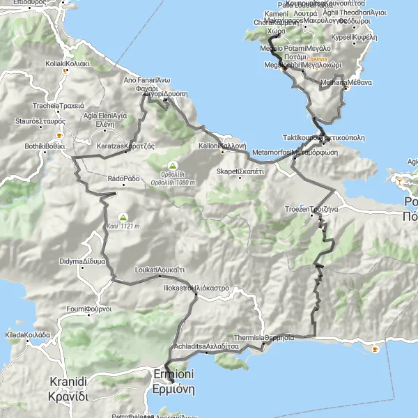 Map miniature of "Challenging Climbs - Conquering the Peaks of Ermioni" cycling inspiration in Peloponnisos, Greece. Generated by Tarmacs.app cycling route planner