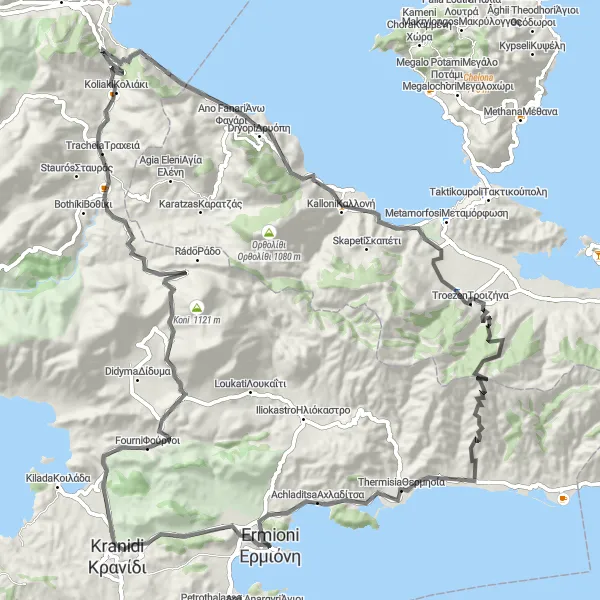 Map miniature of "Ermioni to Thermisia Road Route" cycling inspiration in Peloponnisos, Greece. Generated by Tarmacs.app cycling route planner