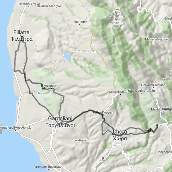 Map miniature of "Gargaliani Circuit" cycling inspiration in Peloponnisos, Greece. Generated by Tarmacs.app cycling route planner