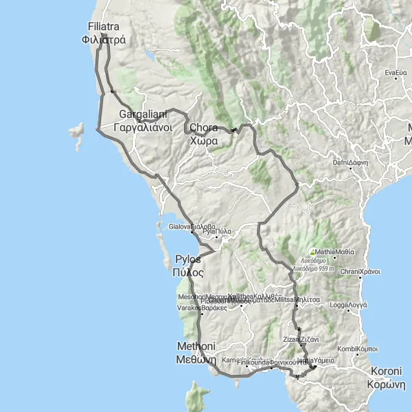 Map miniature of "Filiatra Loop" cycling inspiration in Peloponnisos, Greece. Generated by Tarmacs.app cycling route planner