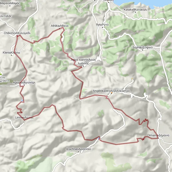 Map miniature of "The Gravel Adventure" cycling inspiration in Peloponnisos, Greece. Generated by Tarmacs.app cycling route planner